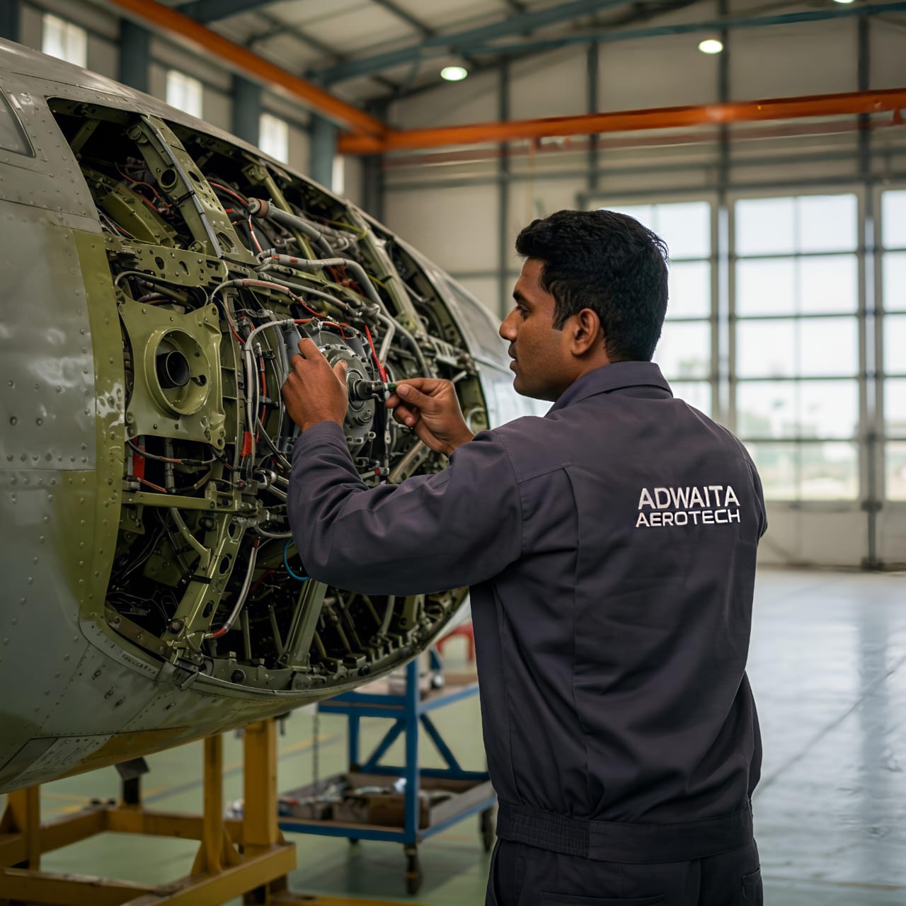 Engineer working on aircraft engine