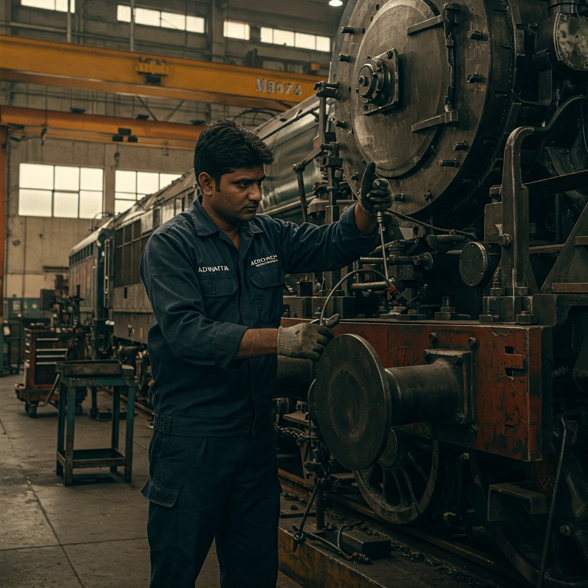 Technician in blue uniform holding toolbox and working in factory