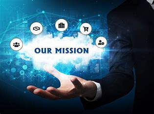 A hand holding a glowing cloud with icons and text 'OUR MISSION' representing technology and innovation