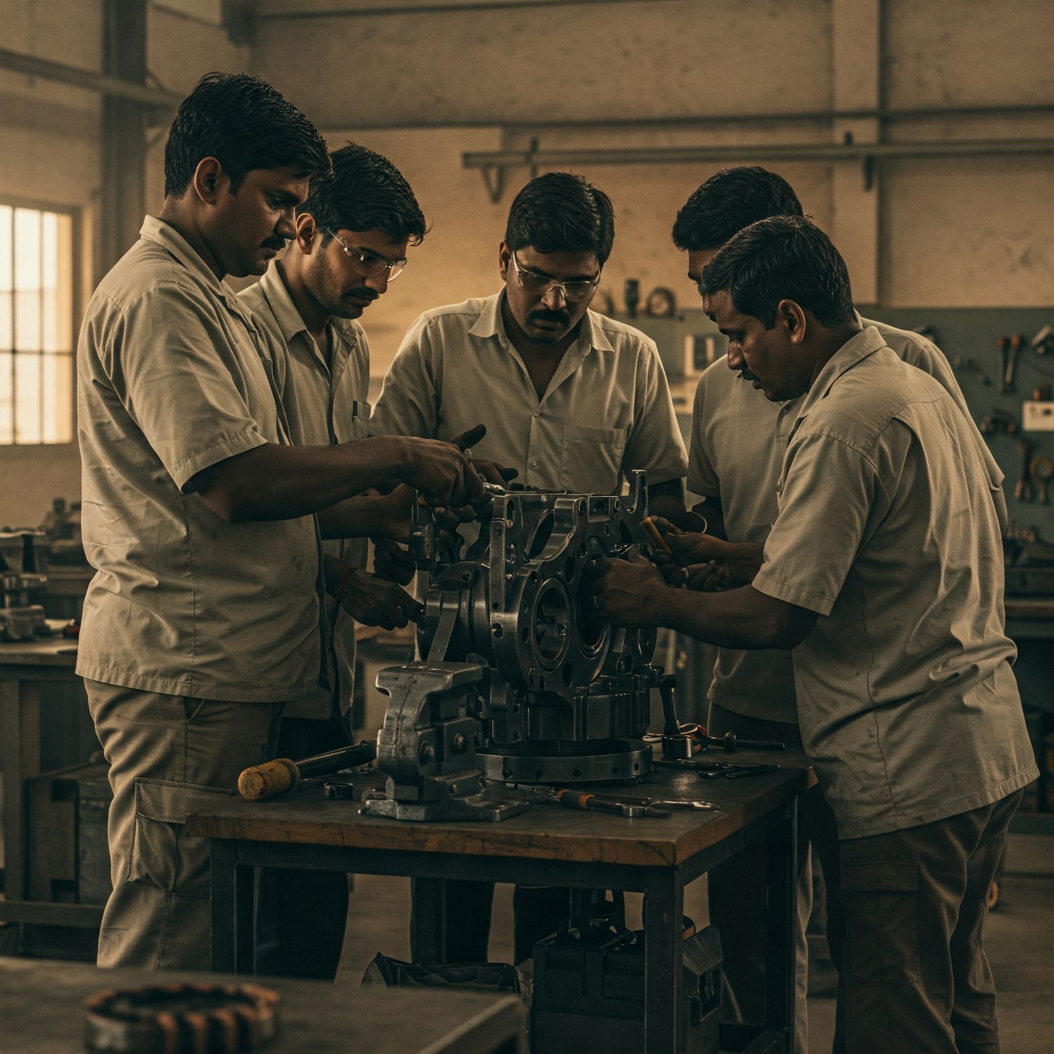 Group of men in beige shirts working together on a mechanical engine in a workshop